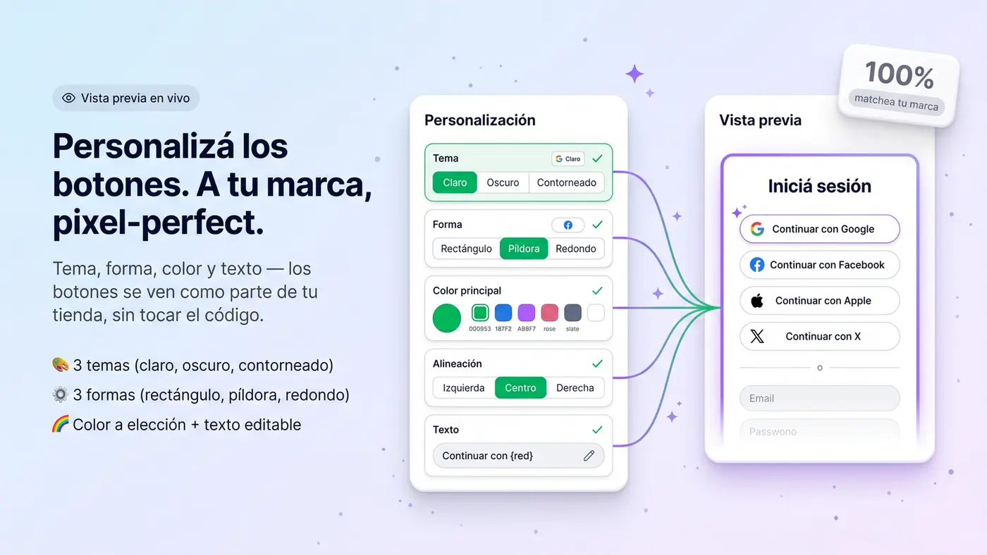 Panel de personalización de botones con vista previa en vivo